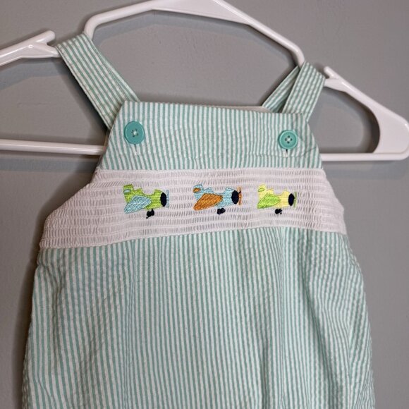 Good Lad 12 Months Boy Blue White Stripe Smocked Airplane One piece - Picture 3 of 4
